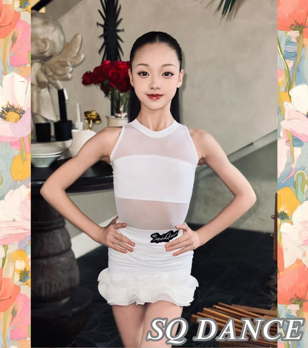 SQ舞服少儿拉丁舞2025春夏新品网纱白色短裙包臀练习服跳舞无袖