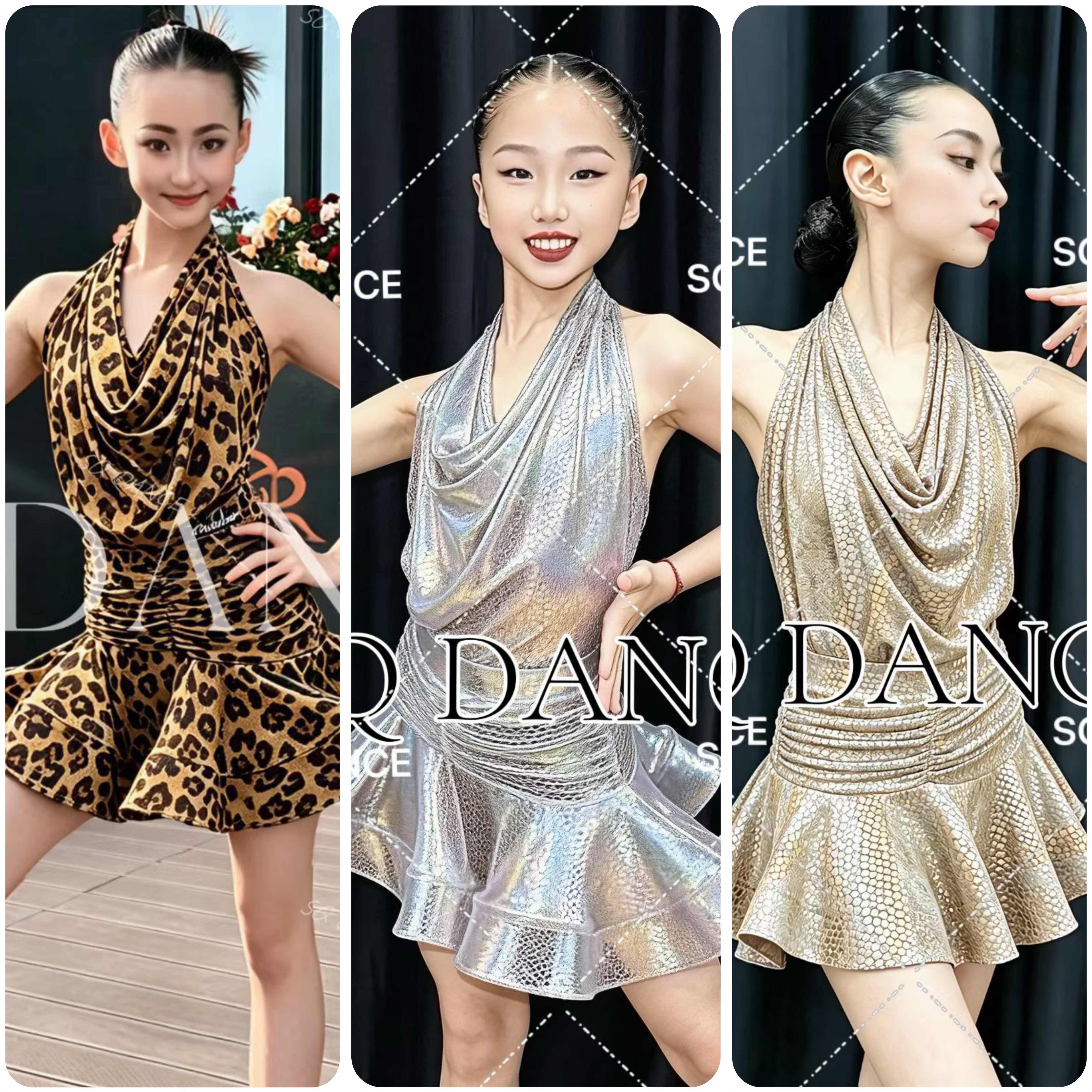 SQ舞服少儿拉丁舞春夏挂脖荡褶皱包臀连衣裙鱼骨分体练习服女童