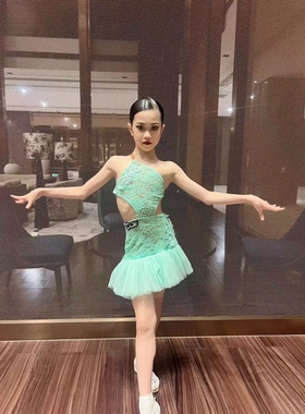 丹斯舞之美少儿拉丁舞清新绿色蕾丝吊带露背网纱包裙裙演出服
