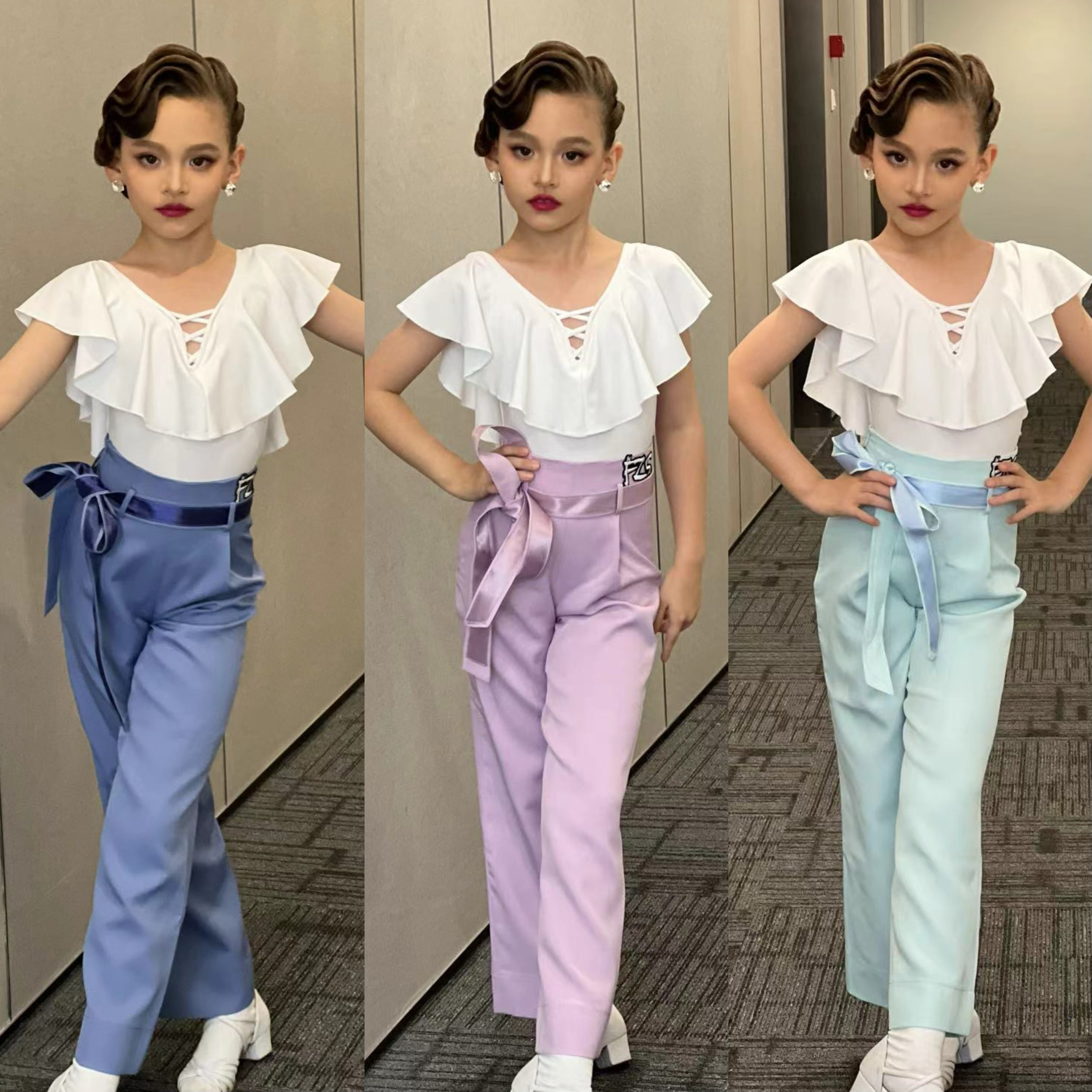 FZS舞服少儿摩登舞夏季摩登裤白色飘领上衣高级定制高腰练习服
