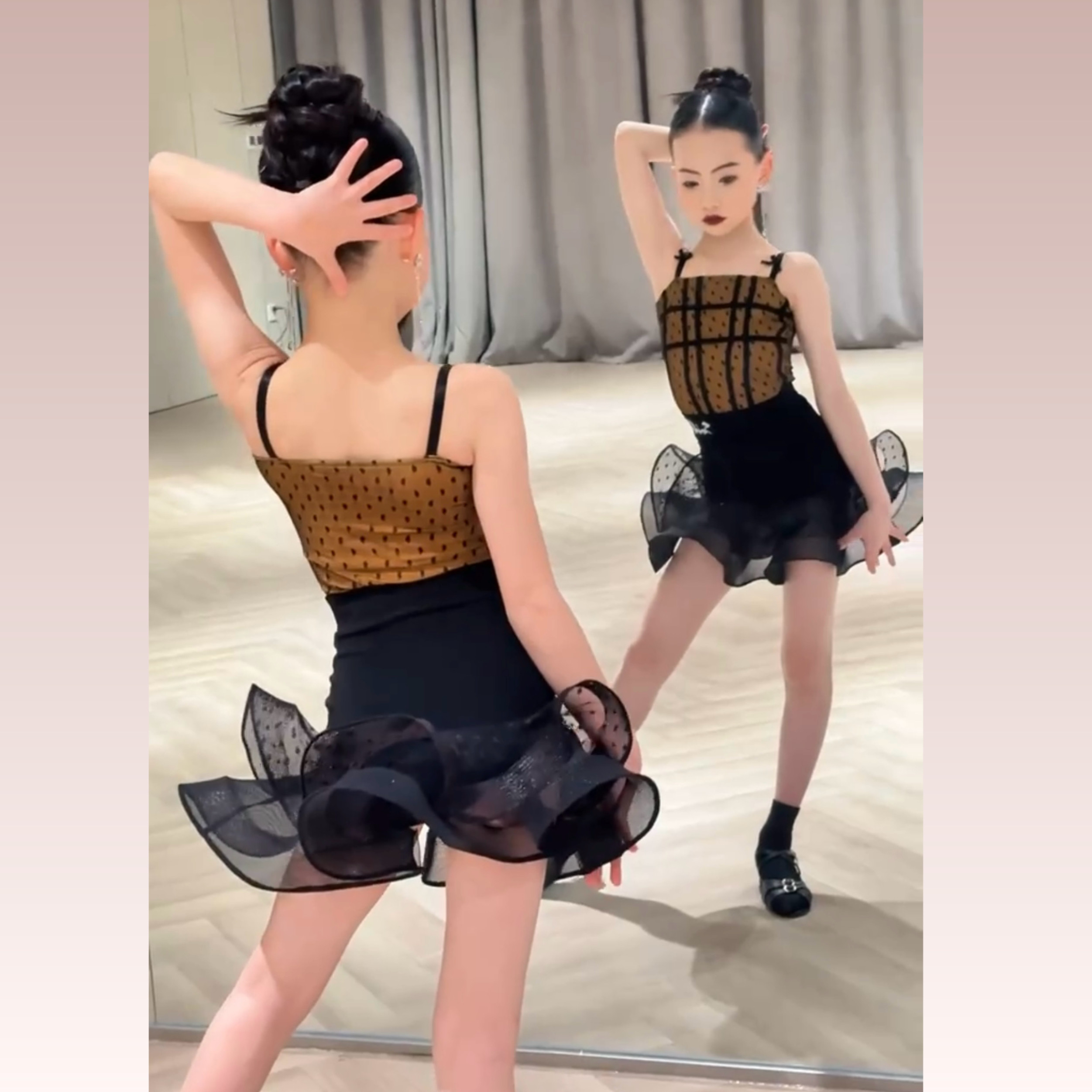 SQ舞服少儿拉丁舞2025春夏新品波点优雅鱼骨套装练习服女童跳舞