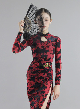 YSX少儿拉丁舞演出服旗袍伦巴烧花面料红色中国风分体套装表演服