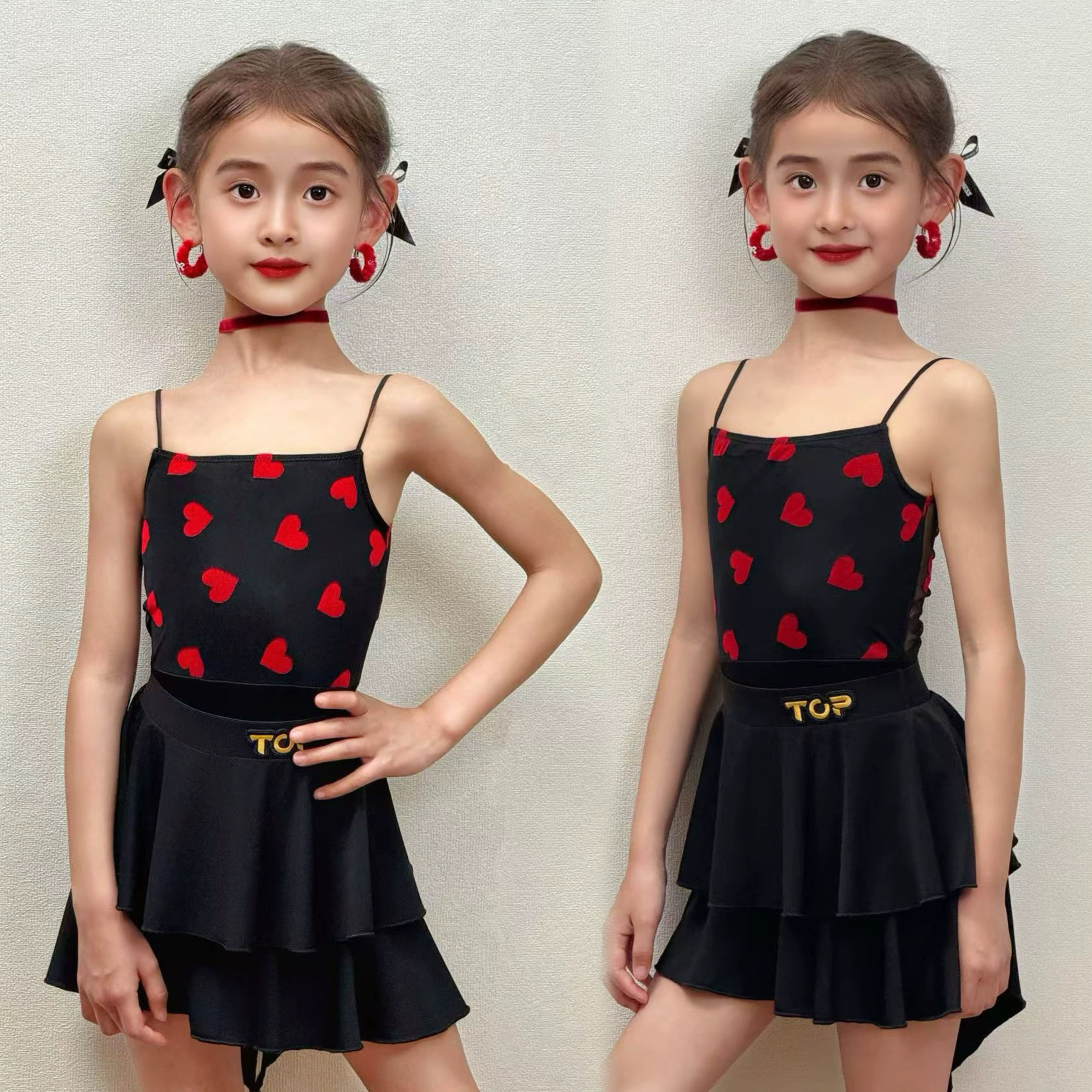 TOP舞服少儿拉丁舞服春夏可爱爱心吊练习服透气跳舞表演服荷叶裙