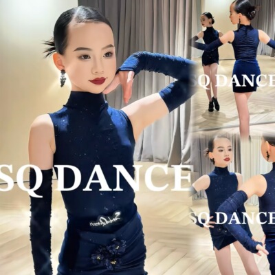 SQ舞服少儿拉丁舞满天星袖套蓝色花朵表演服练习服春夏女童跳舞