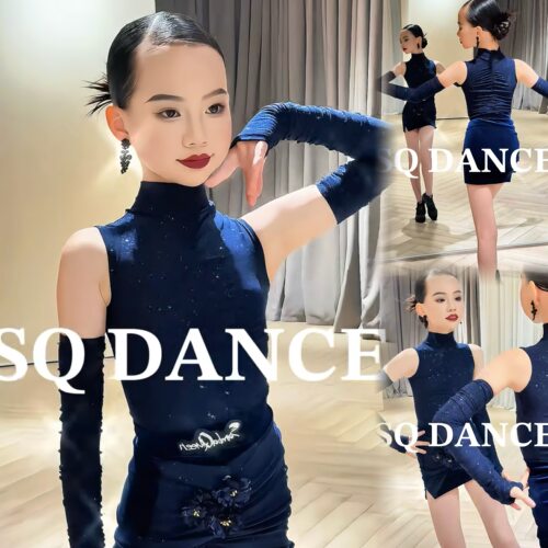 SQ舞服少儿拉丁舞满天星袖套蓝色花朵表演服练习服春夏女童跳舞