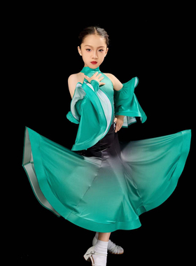 FZS舞服少儿摩登舞高级定制绿色袖套袖套练习服华尔兹女童跳舞