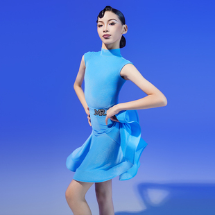 MR舞服FZS少儿拉丁舞女半高领连肩短袖丝绒比赛服  蓝色规定服