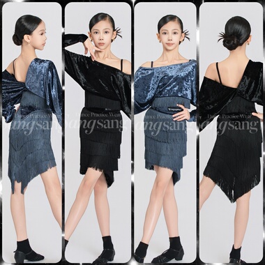 sswang舞服少儿拉丁舞摩登舞钻石绒蝙蝠袖上衣流苏鱼尾裙练习服