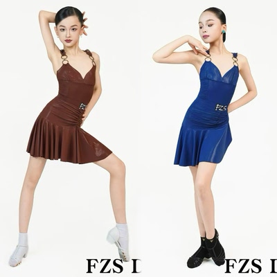 FZS舞服少儿拉丁舞2026春夏高光爽肤蕾丝拼接圆环吊带套装练习服