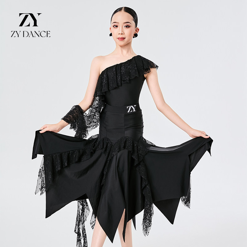 ZY舞服拉丁舞服女童摩登服斜肩练功服演出服专业比赛服套装