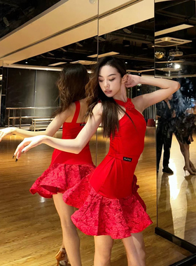 Pink lady舞服拉丁舞女士夏季花朵挂脖小摆练习服专业红色俏皮