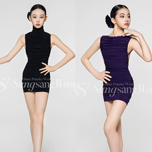 sswang舞服少儿拉丁舞春夏高领堆褶无袖露背包臀练习服跳舞女童