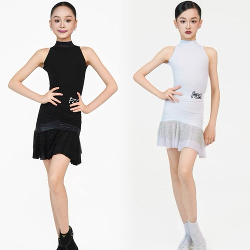 FZS舞服少儿拉丁舞2026春夏水晶棉麻拼接贴钻网布无袖露背练功服