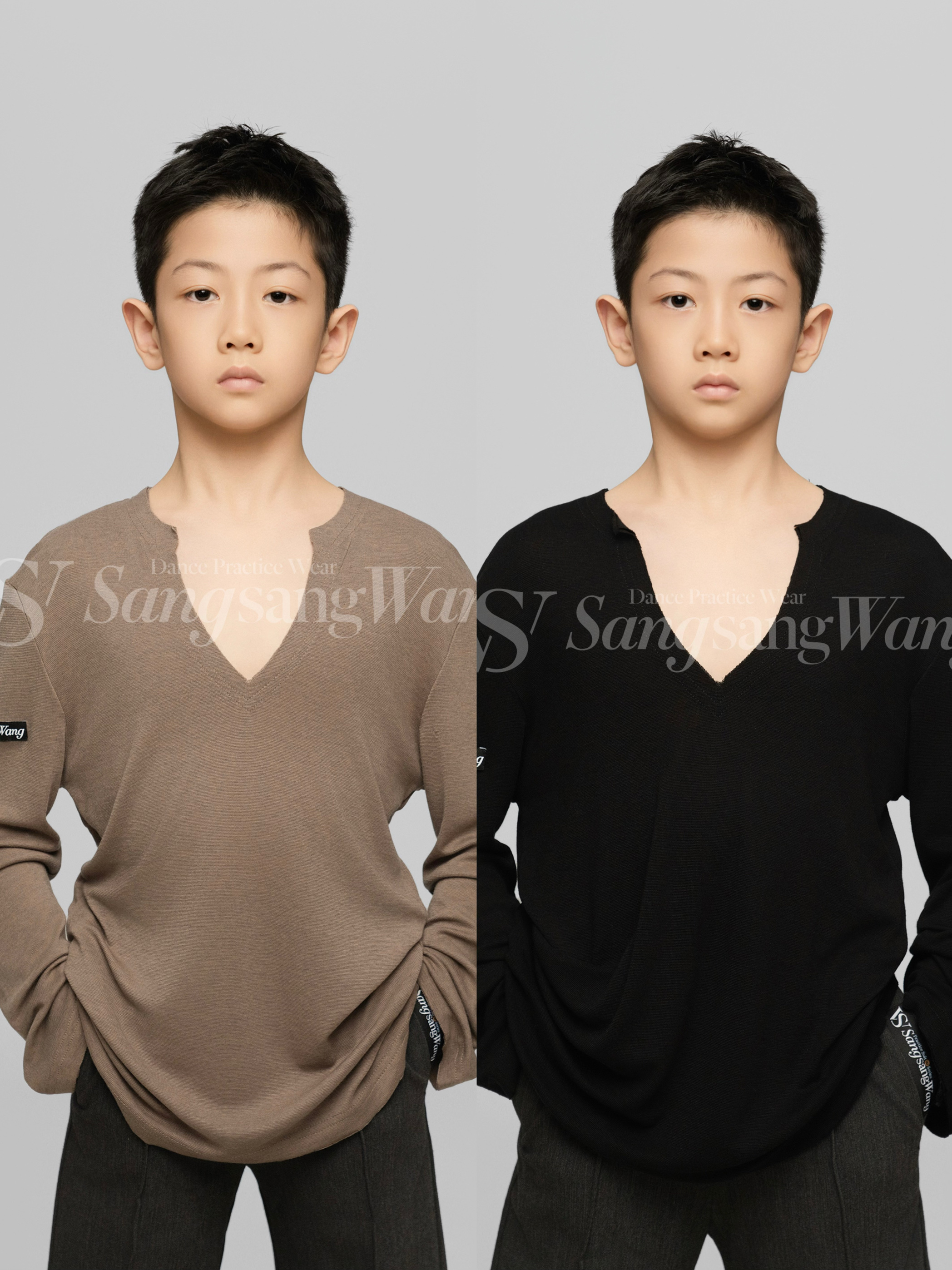 sswang少儿拉丁舞男童帅气秋冬v领毛边上衣松紧腰裤子男裤练习服