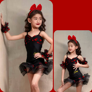 康尼舞服少儿拉丁舞可爱蓬蓬黑红公主套装无袖吊带练习服女童跳舞