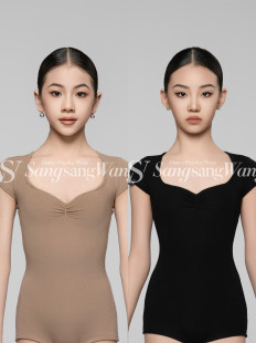 sswang舞服少儿拉丁舞细螺纹桃心领短袖上衣百搭松紧运动裤练习服