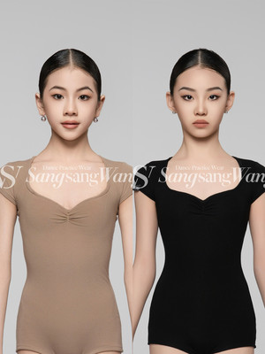 sswang舞服少儿拉丁舞细螺纹桃心领短袖上衣百搭松紧运动裤练习服