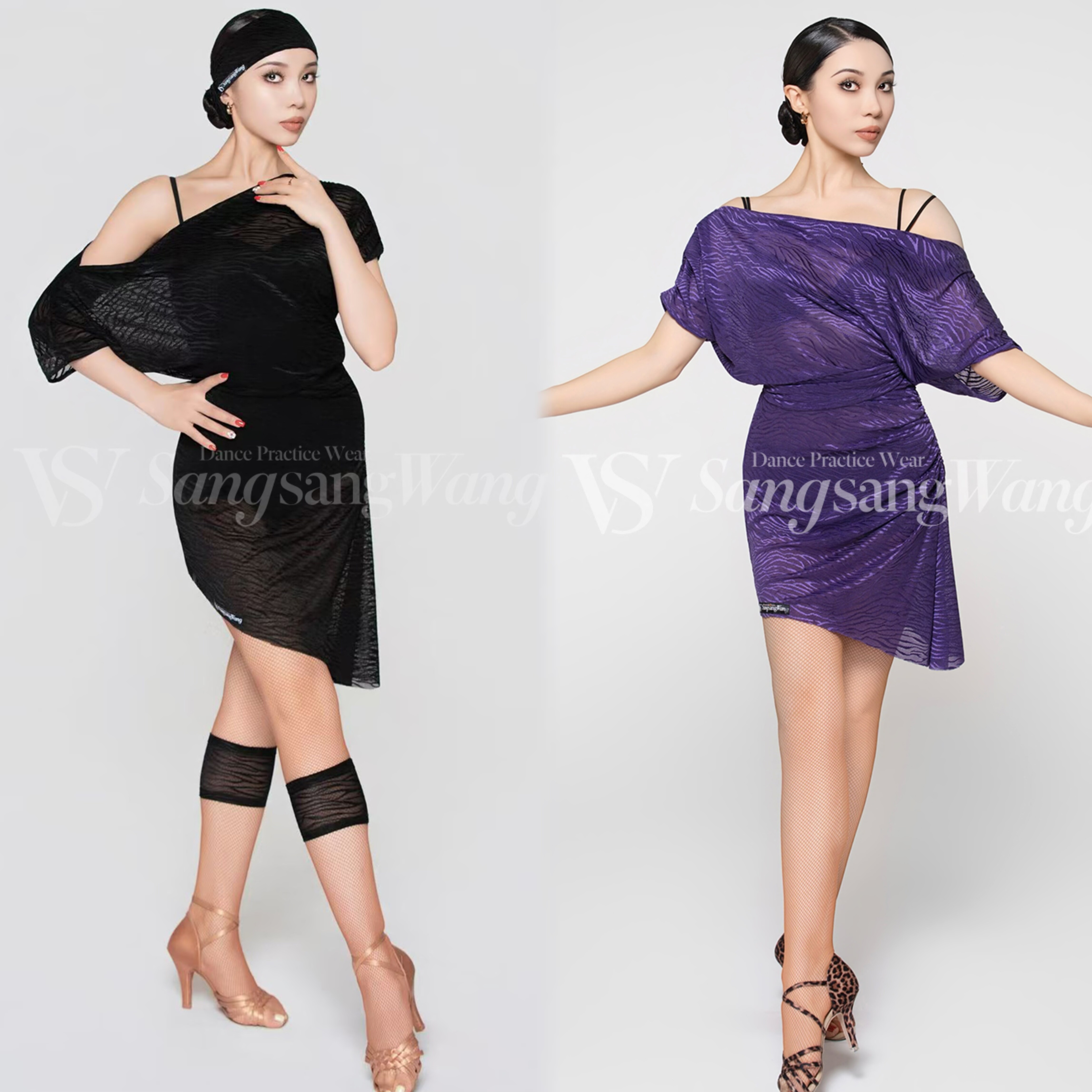 sswang舞服女士拉丁舞斑马纹网纱高弹斜肩连衣裙练习服跳舞教师服