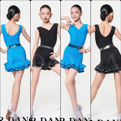 MR舞服FZS旗下少儿拉丁舞春夏2026V领褶皱上衣搭配烫金花边练习服