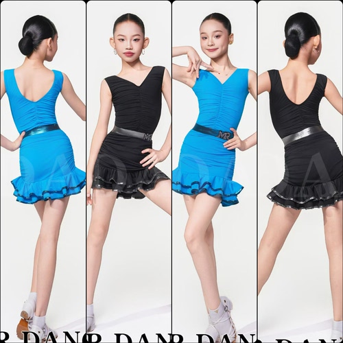 MR舞服FZS旗下少儿拉丁舞春夏2026V领褶皱上衣搭配烫金花边练习服