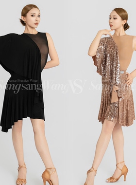 sswang舞服拉丁舞摩登舞女士金豹纹飘逸无袖不对称鱼尾练习服跳舞