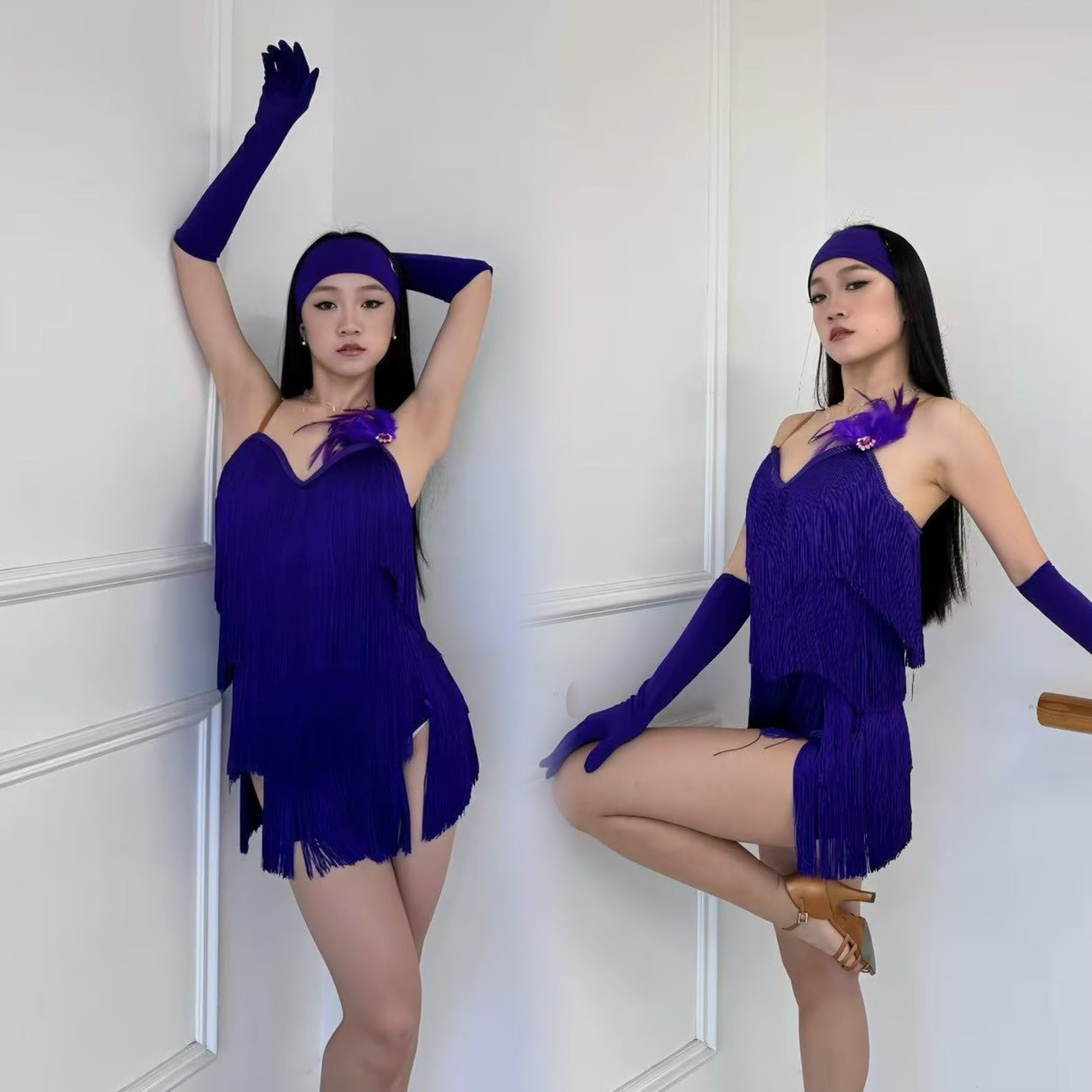 CLW舞服紫色流苏羽毛三套发带吊带表演服艺考服专业班服练习服