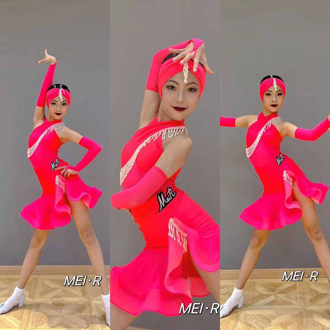 魅尔舞服少儿拉丁舞珠串玫红发带演出服表演服手套鱼骨女童跳舞