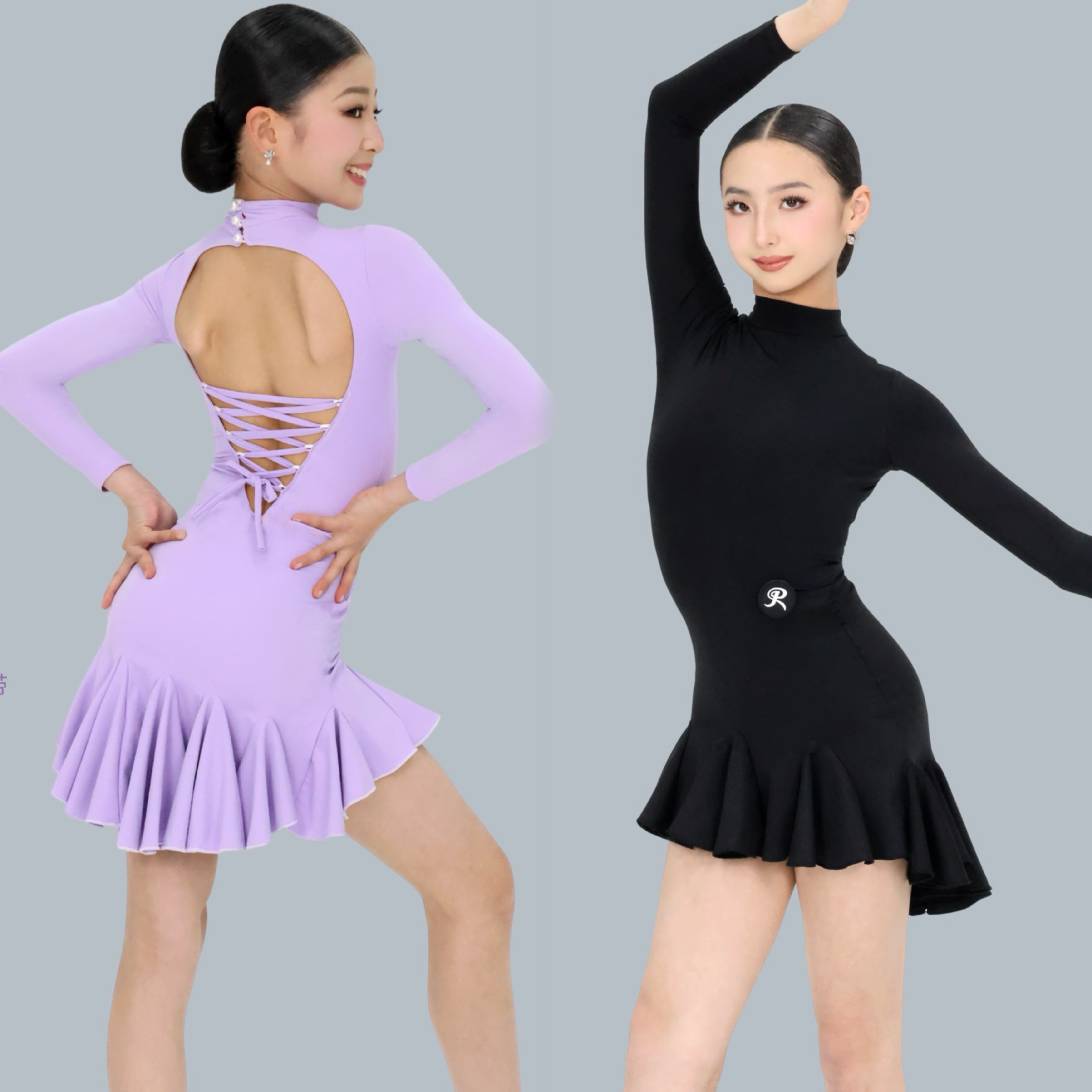 R design舞服少儿拉丁舞2026交束映影练习服女童长袖露背跳舞紫色