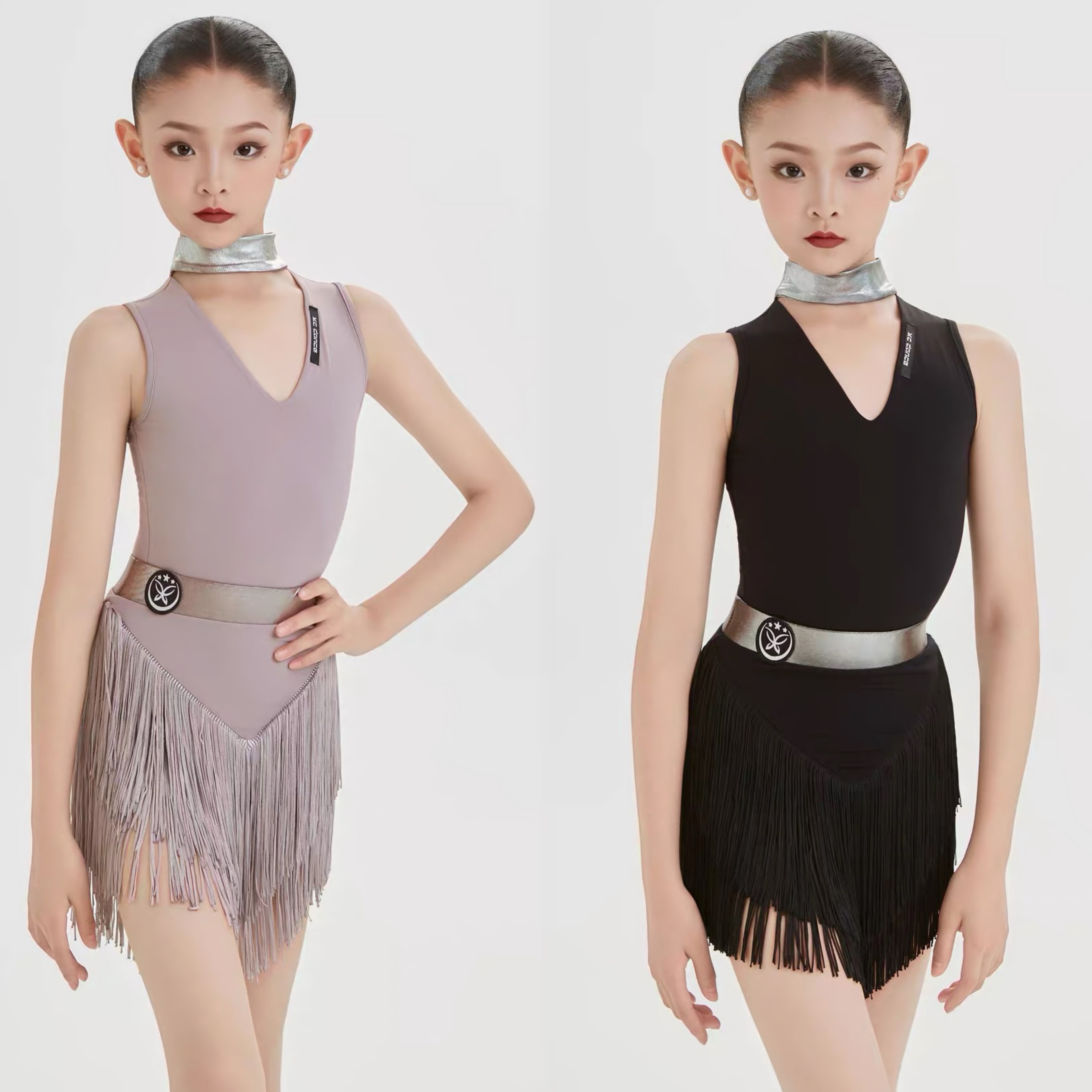 星辰舞服少儿拉丁舞挂脖无袖V领流苏三色拉丁舞练功服女童跳舞