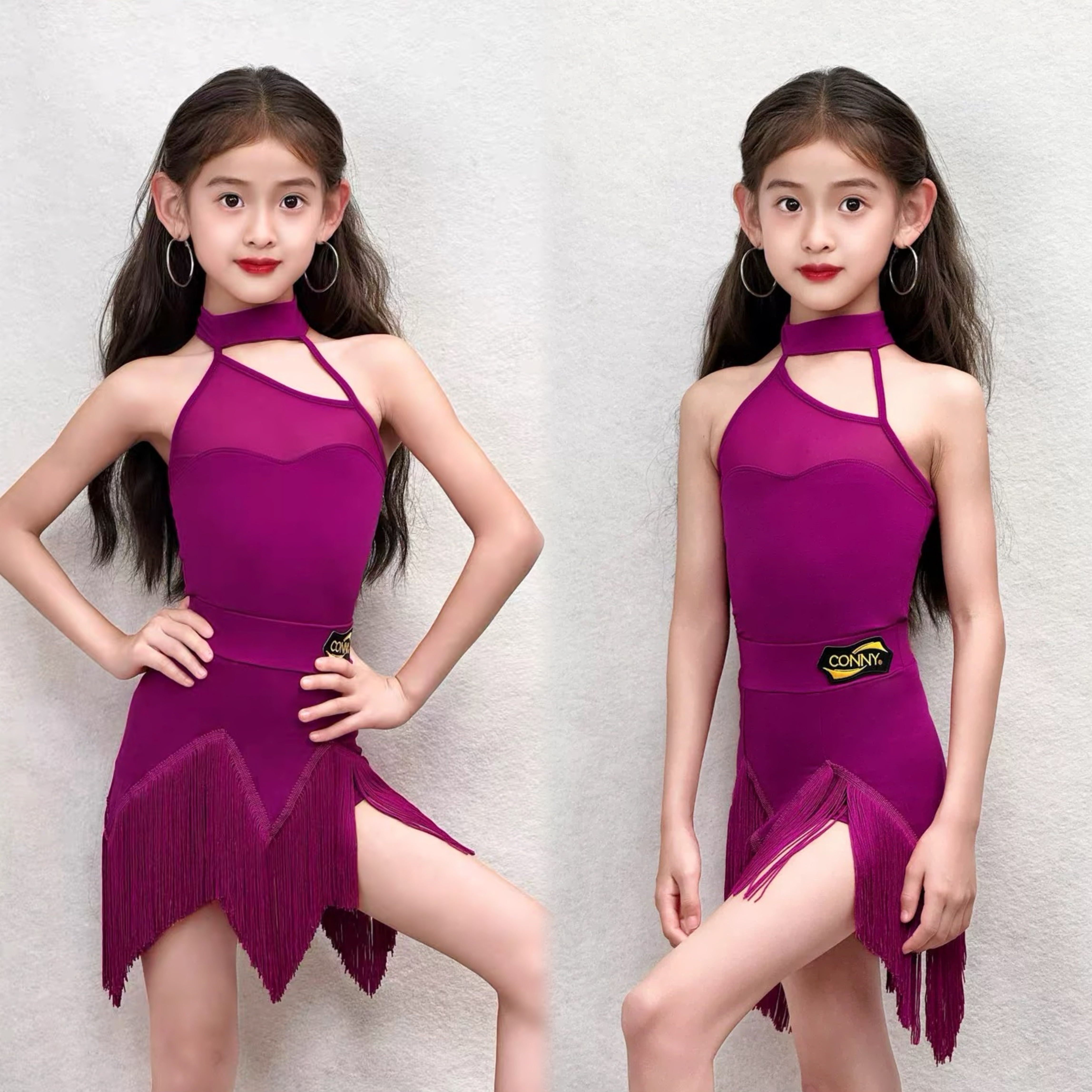 CONNY康尼拉丁舞服套装女儿童挂脖网纱上衣舞蹈练功服流苏裙摆