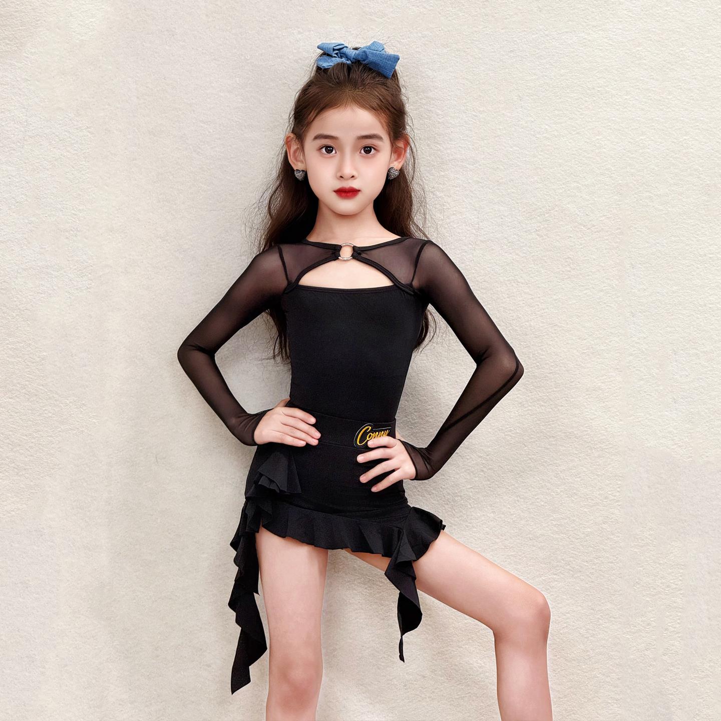 CONNY拉丁舞服女儿童舞蹈训练功服网纱长袖上衣半身裙表演出套装