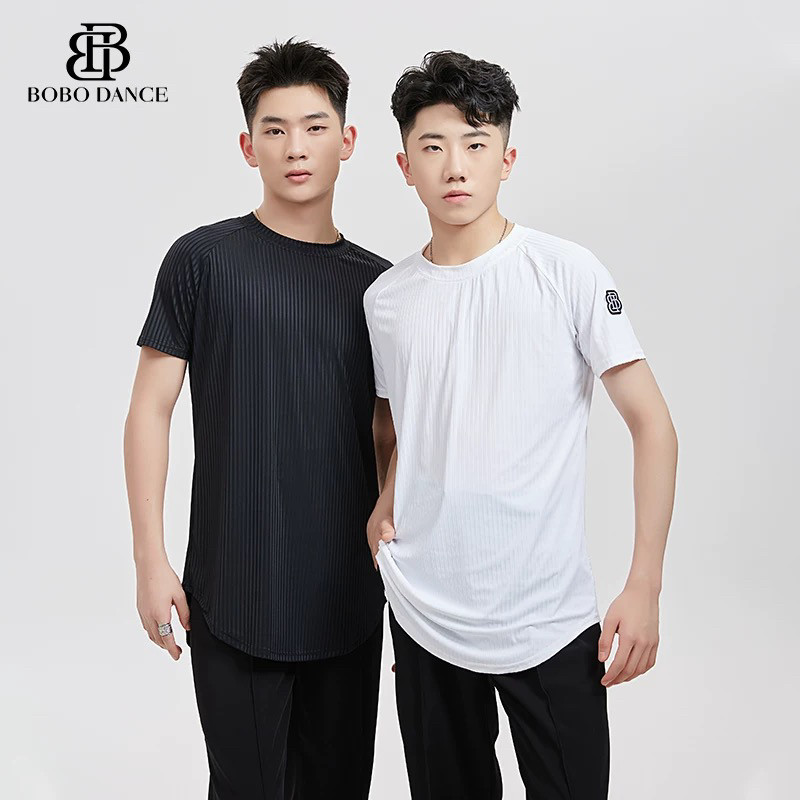 BOBO男生拉丁舞春夏圆领黑白T恤男士国标舞专业练功服舞蹈上衣