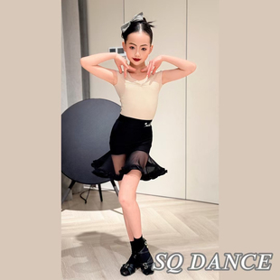 SQ舞服少儿拉丁舞2025春夏新品咖色上衣网纱俏皮女童跳舞练习服