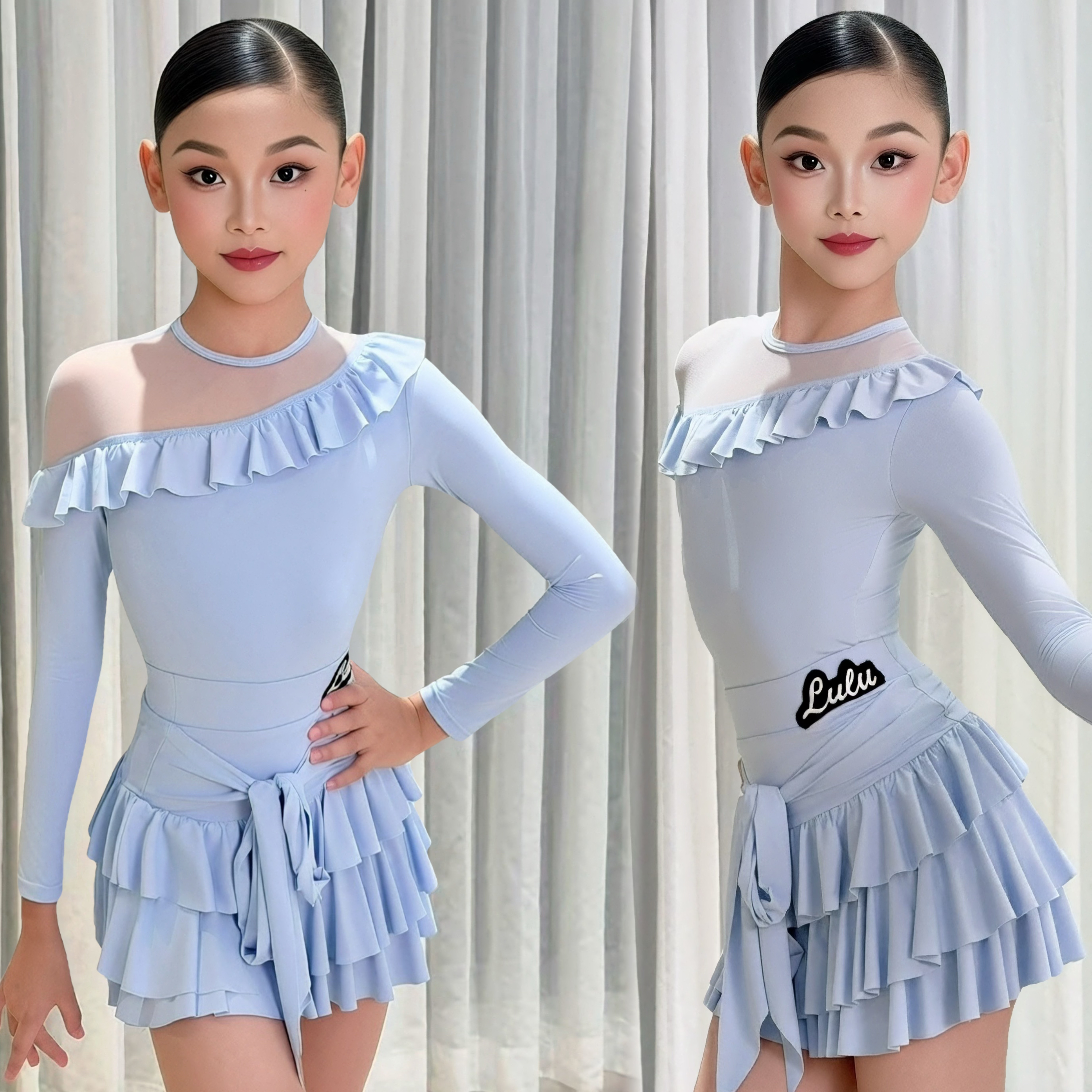 Lulu舞服少儿拉丁舞秋冬长袖网纱花边练习服波浪跳舞女童浅蓝色