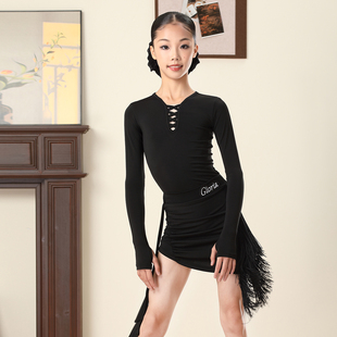 拉丁舞服女童新款V领长袖上衣流苏裙拉丁恰恰专业训练功服