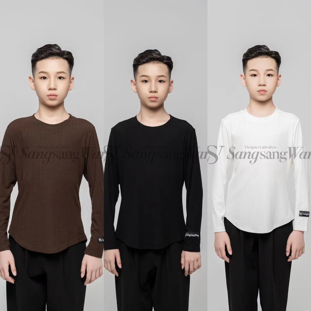 sswang少儿拉丁舞男童美人条圆领上衣三色练习服百搭帅气男生