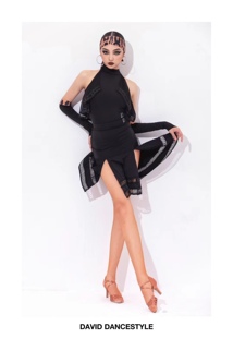 David舞服拉丁舞女士春夏挂脖网纱设计款多摆半裙恰恰练习服手套