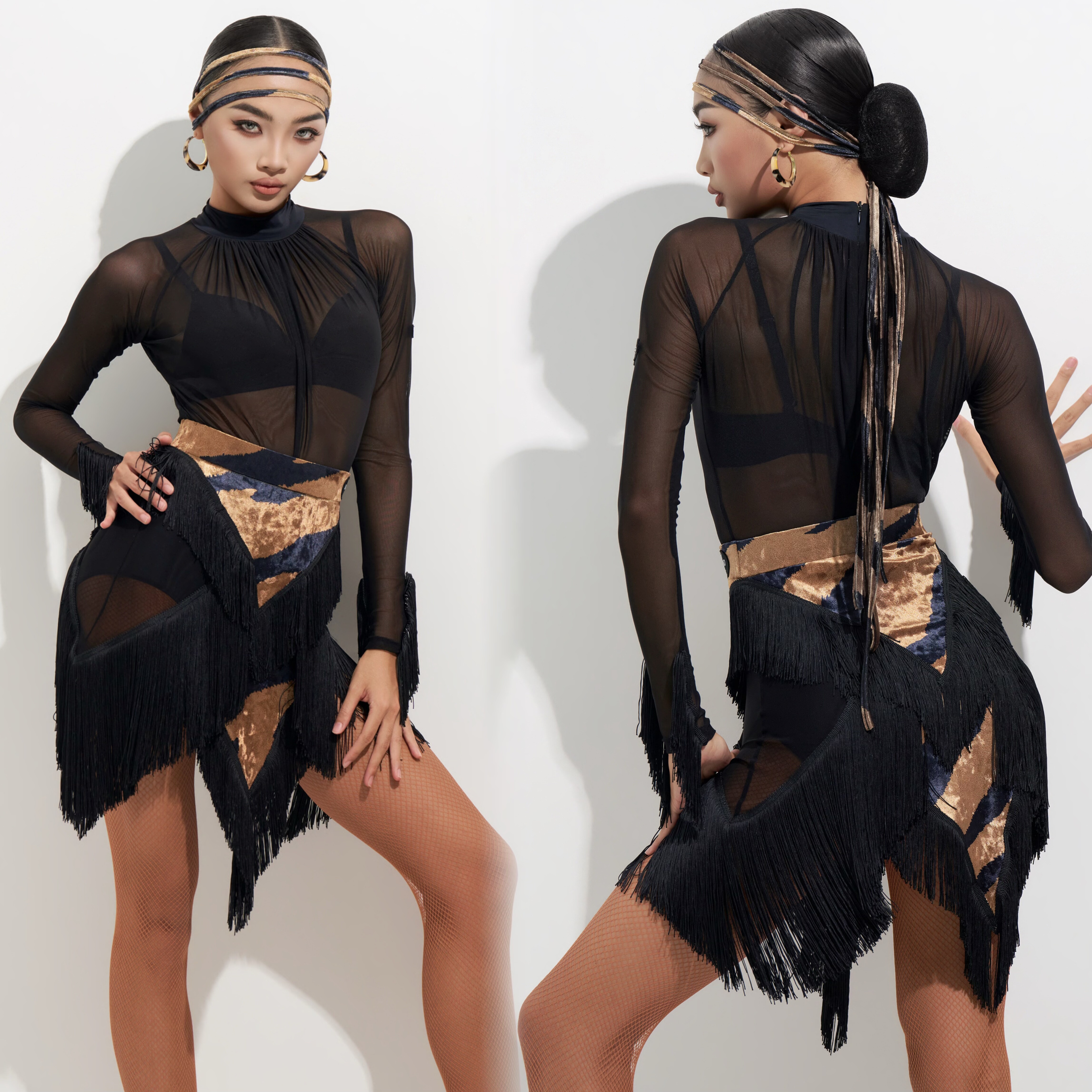 DAVID女士拉丁舞豹纹网纱褶皱长袖上衣不规则流苏裙 虎皮练习服