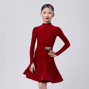 OSD少儿拉丁舞服女童比赛规定服薄丝绒长袖后V领林意涵同款舞蹈服