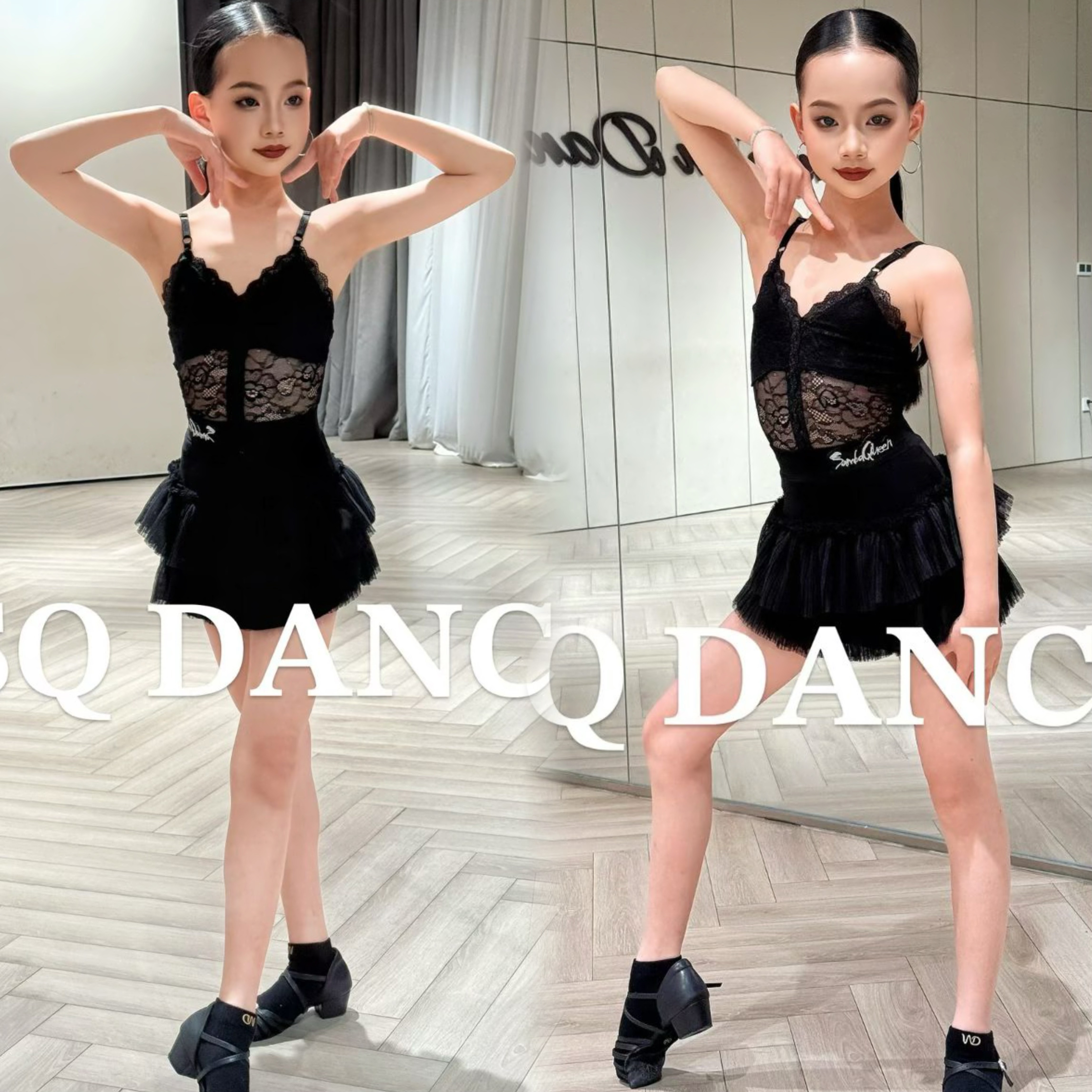 SQ舞服少儿拉丁舞春夏蕾丝吊带套装女童跳舞蛋糕蓬蓬裙训练服班服