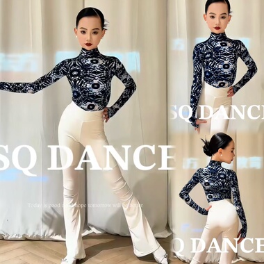 SQ舞服秋冬少儿拉丁舞高级白裤子高领蓝色花纹练习服女童跳舞