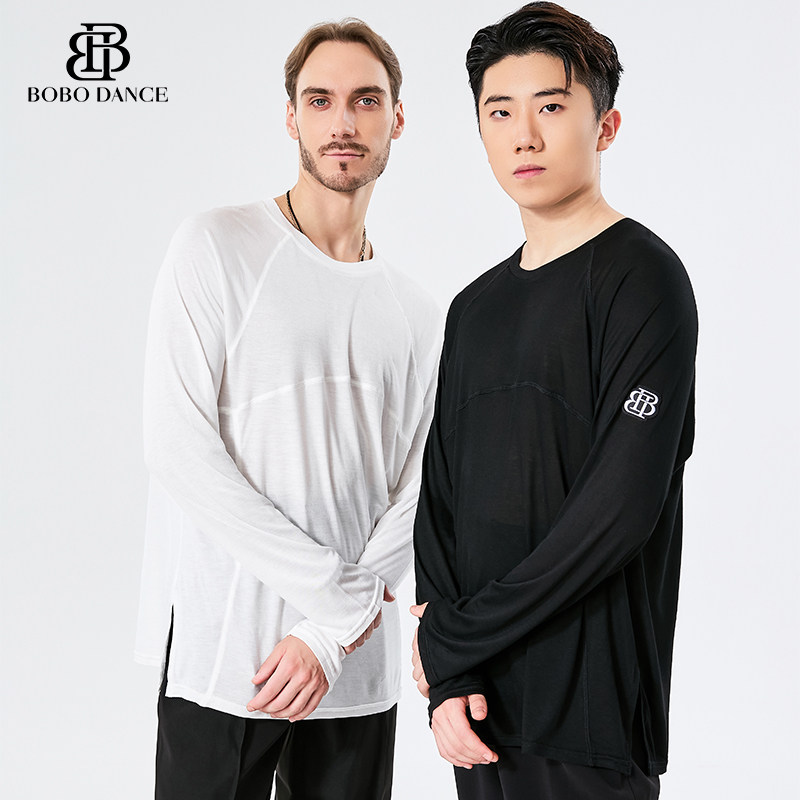 BOBO男生拉丁舞服圆领长袖T恤男士国标舞专业拉丁练功服舞蹈上衣