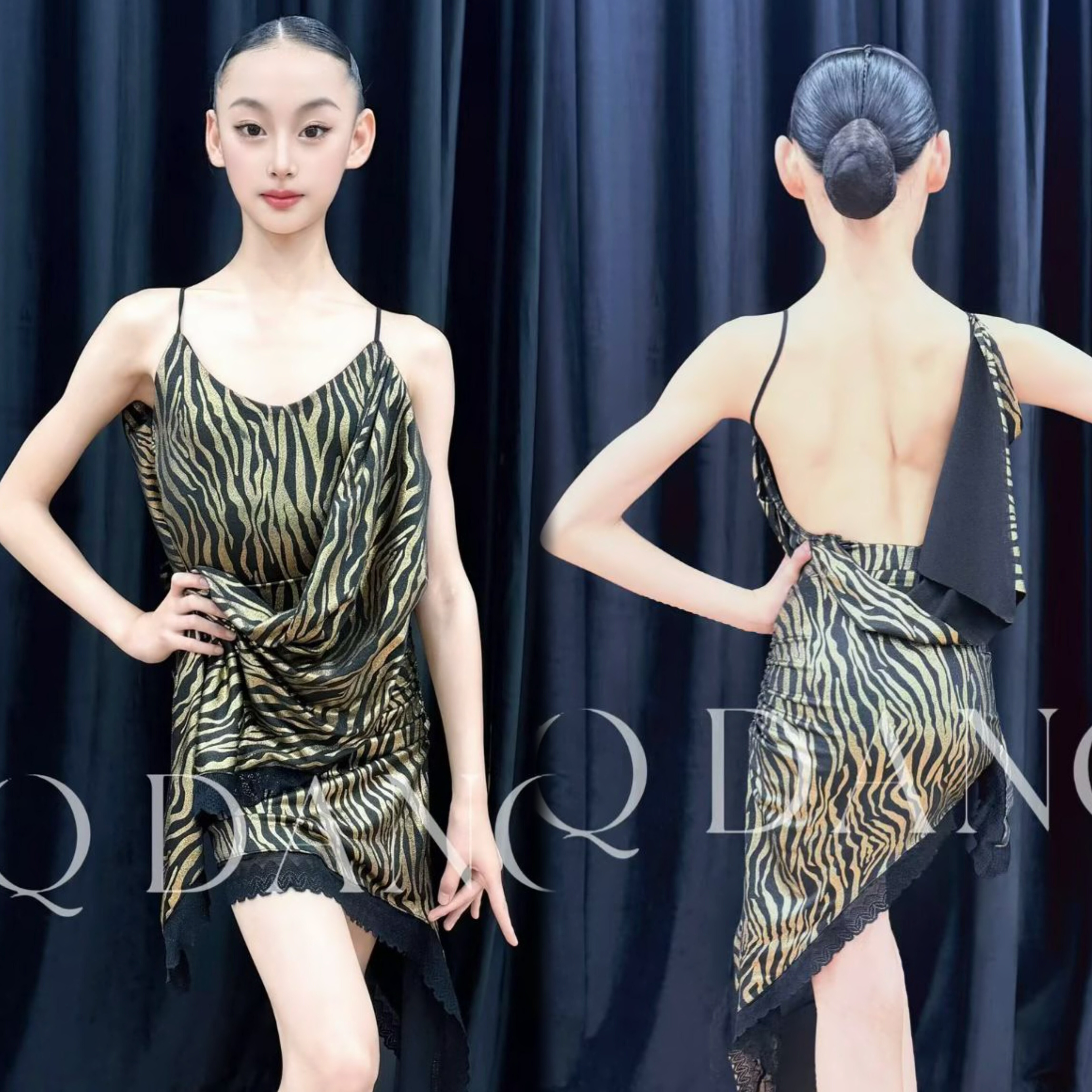 SQ舞服少儿拉丁舞豹纹飘逸吊带蕾丝不规则斜大摆裙练习服女童跳舞