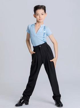 Jacks国标少儿拉丁舞男生帅气短袖蓝色考级练功演出表演男孩舞服