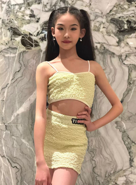 Tiomi舞服少儿拉丁舞春夏吊带嫩绿色夏天分体练习服女童跳舞女童
