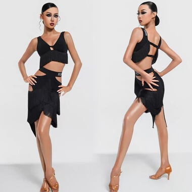 FZS DANCE青少年院校系列SF01/QF07成人女款镂空流苏拉丁舞练 黑