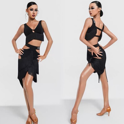 FZS DANCE青少年院校系列SF01/QF07成人女款镂空流苏拉丁舞练 黑