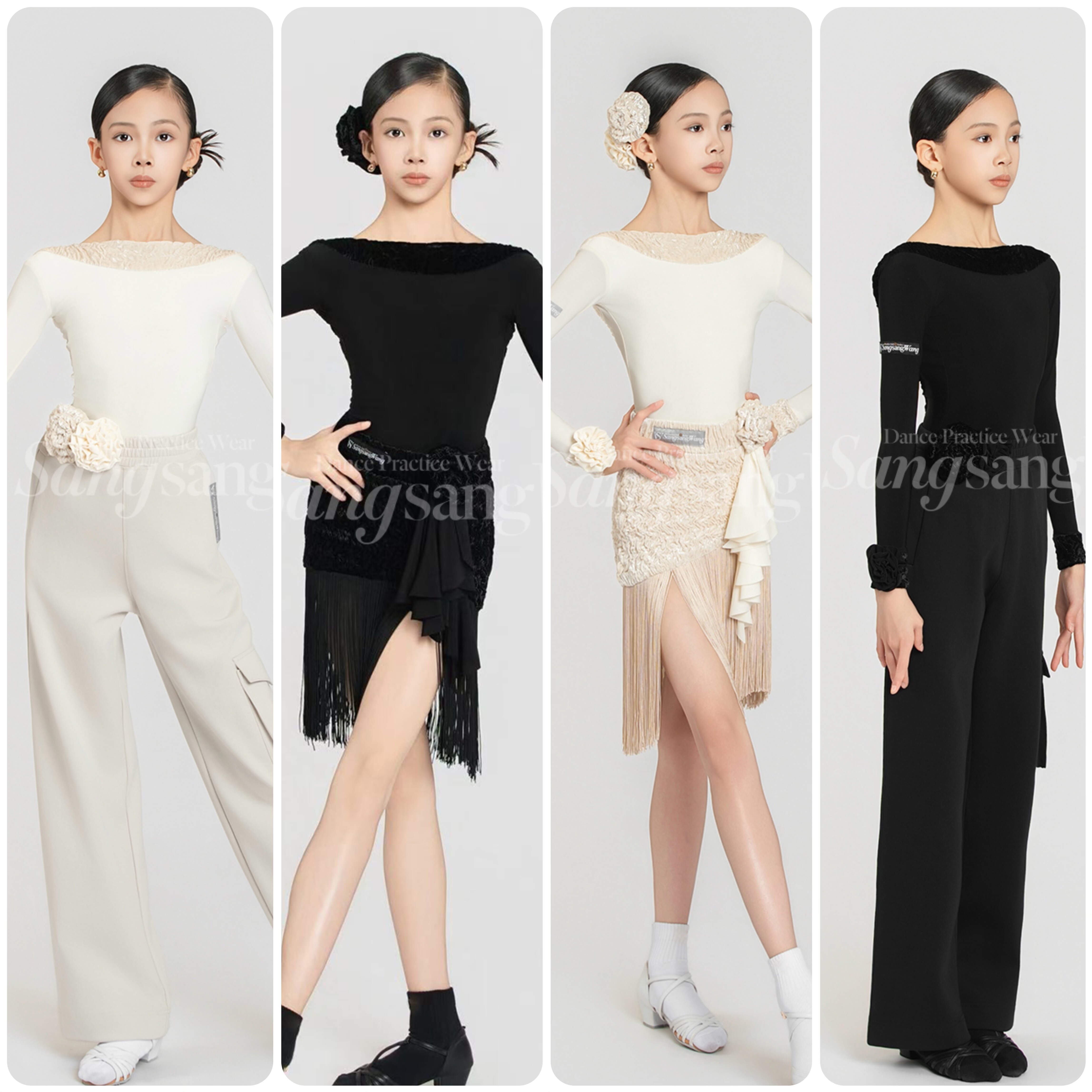 sswang舞服少儿拉丁舞高级泡泡绒露背长袖缎光流苏练习服套装女童