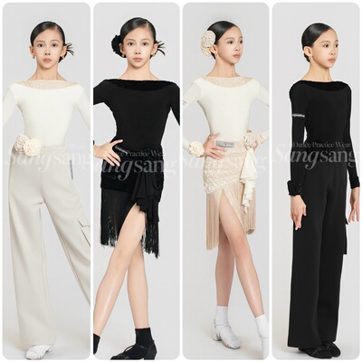 sswang舞服少儿拉丁舞高级泡泡绒露背长袖缎光流苏练习服套装女童