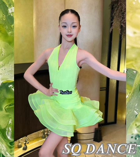 SQ舞服少儿拉丁舞2025春夏黄色挂脖鱼骨套装练习服女童跳舞专业